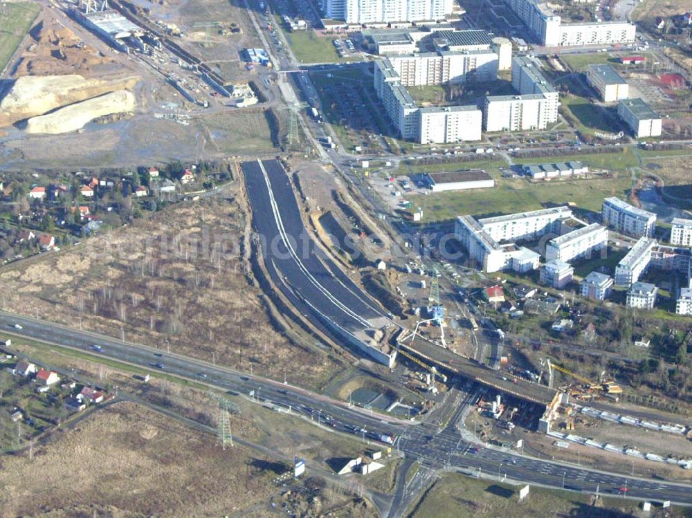 Schönefeld from above - Blick auf die fertig gestellte Zufahrtsbrücke am Stadtautobahnzubringer am S-Bahnhof Berlin-Schönefeld. Ein Projekt der Schälerbau Berlin GmbH.