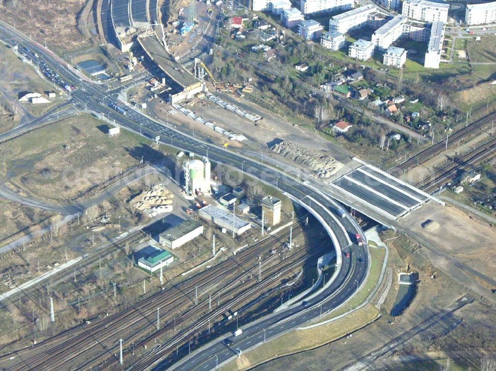 Aerial image Schönefeld - Blick auf die fertig gestellte Zufahrtsbrücke am Stadtautobahnzubringer am S-Bahnhof Berlin-Schönefeld. Ein Projekt der Schälerbau Berlin GmbH.