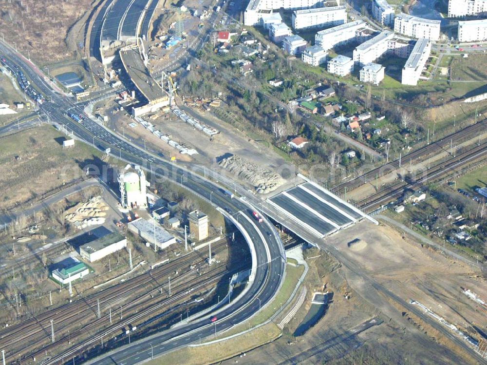 Aerial photograph Schönefeld - Blick auf die fertig gestellte Zufahrtsbrücke am Stadtautobahnzubringer am S-Bahnhof Berlin-Schönefeld. Ein Projekt der Schälerbau Berlin GmbH.