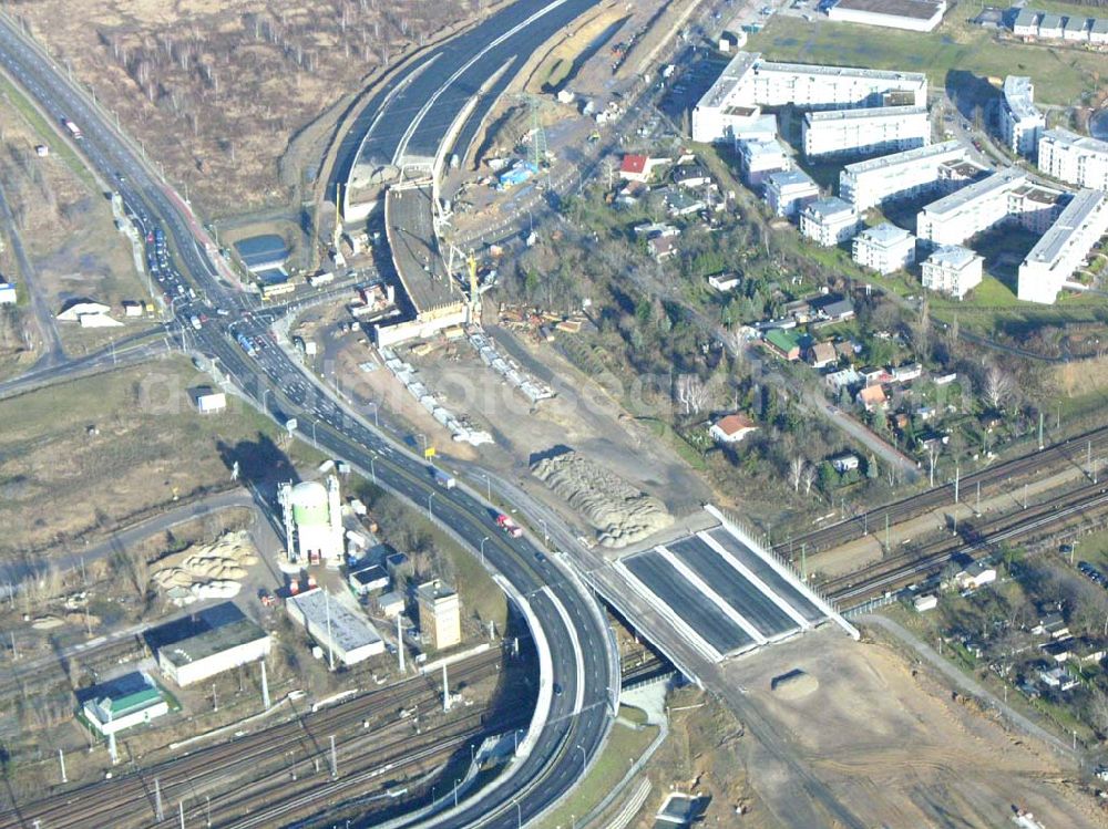 Schönefeld from above - Blick auf die fertig gestellte Zufahrtsbrücke am Stadtautobahnzubringer am S-Bahnhof Berlin-Schönefeld. Ein Projekt der Schälerbau Berlin GmbH.