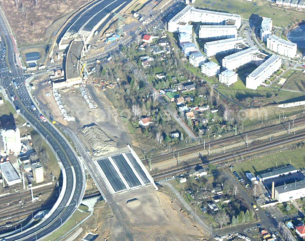 Schönefeld from the bird's eye view: Blick auf die fertig gestellte Zufahrtsbrücke am Stadtautobahnzubringer am S-Bahnhof Berlin-Schönefeld. Ein Projekt der Schälerbau Berlin GmbH.