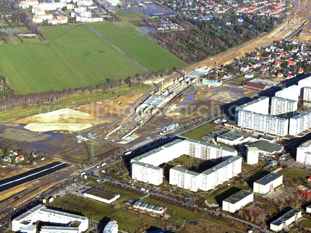 Aerial image Schönefeld - Blick auf die fertig gestellte Zufahrtsbrücke am Stadtautobahnzubringer am S-Bahnhof Berlin-Schönefeld. Ein Projekt der Schälerbau Berlin GmbH.