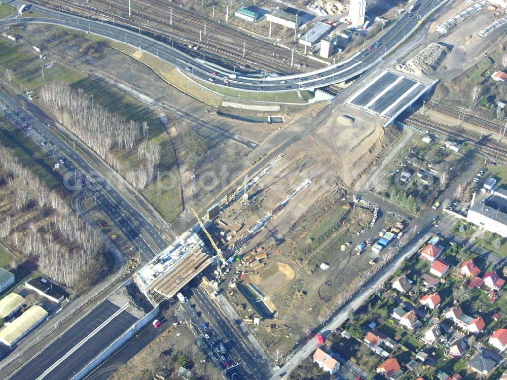 Schönefeld from above - Blick auf die fertig gestellte Zufahrtsbrücke am Stadtautobahnzubringer am S-Bahnhof Berlin-Schönefeld. Ein Projekt der Schälerbau Berlin GmbH.