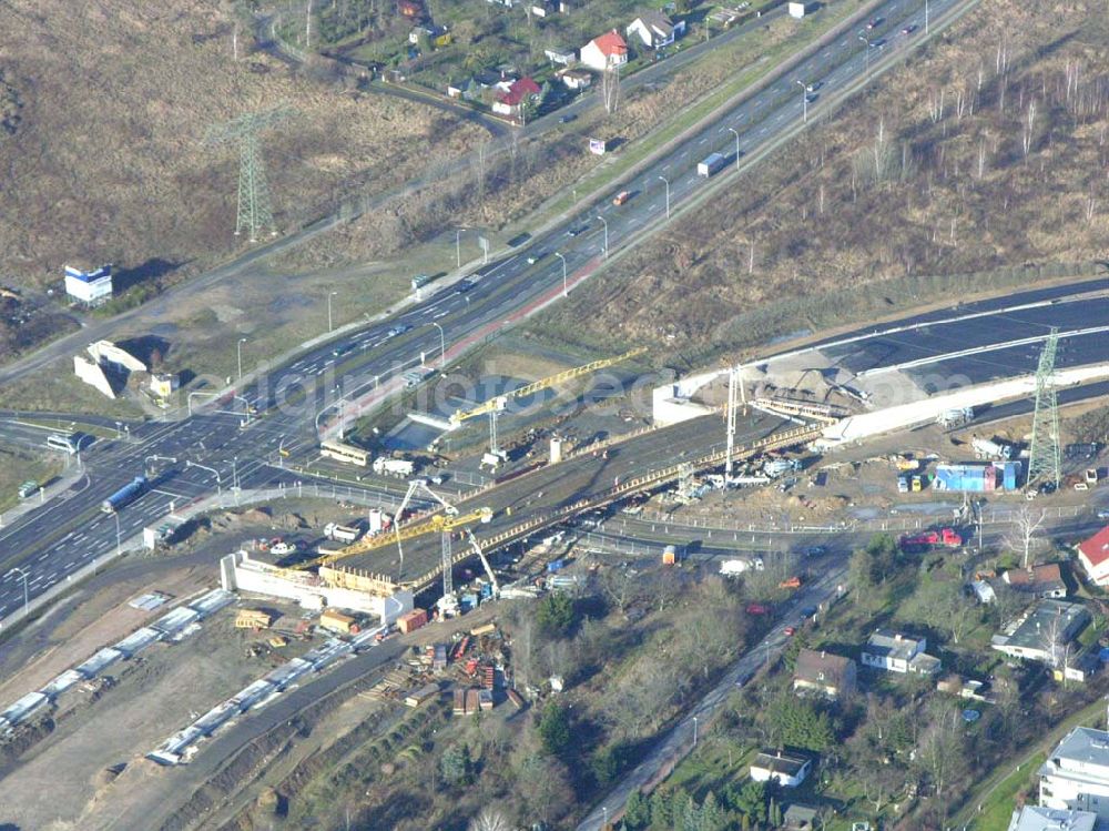 Schönefeld from the bird's eye view: Blick auf die fertig gestellte Zufahrtsbrücke am Stadtautobahnzubringer am S-Bahnhof Berlin-Schönefeld. Ein Projekt der Schälerbau Berlin GmbH.