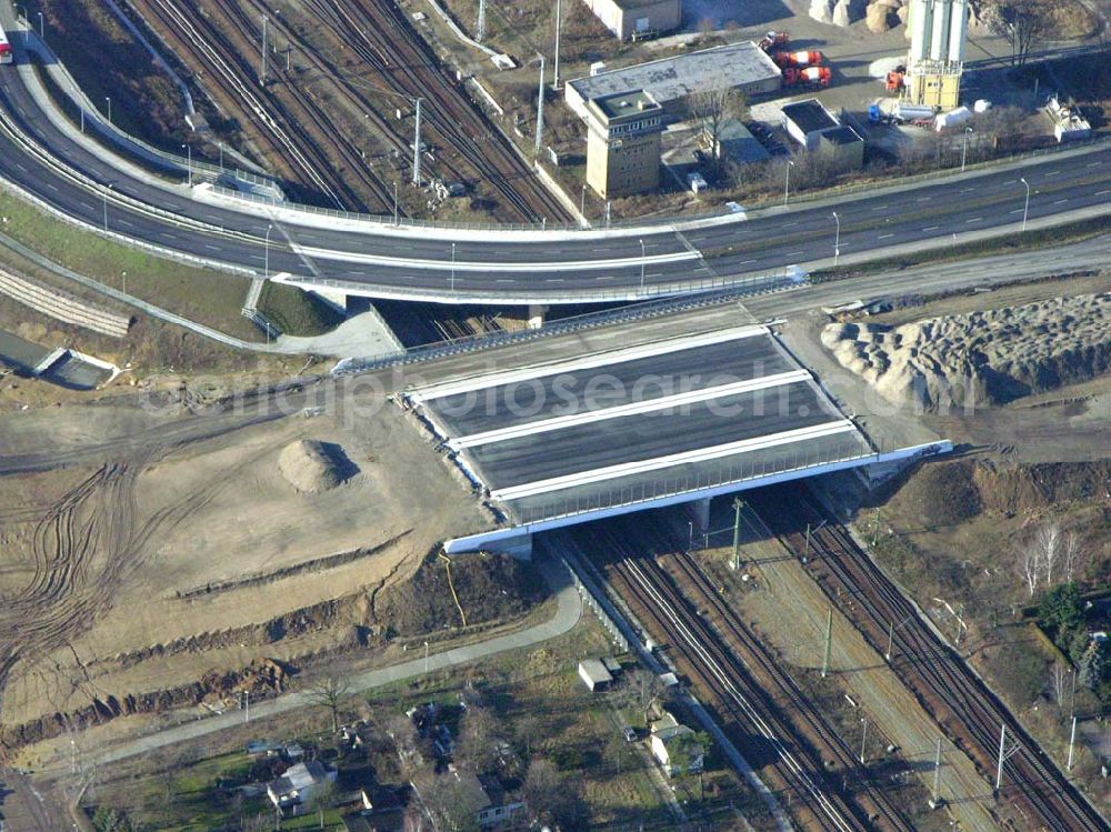 Schönefeld from above - Blick auf die fertig gestellte Zufahrtsbrücke am Stadtautobahnzubringer am S-Bahnhof Berlin-Schönefeld. Ein Projekt der Schälerbau Berlin GmbH.