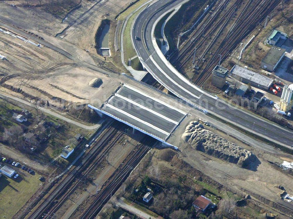 Aerial image Schönefeld - Blick auf die fertig gestellte Zufahrtsbrücke am Stadtautobahnzubringer am S-Bahnhof Berlin-Schönefeld. Ein Projekt der Schälerbau Berlin GmbH.