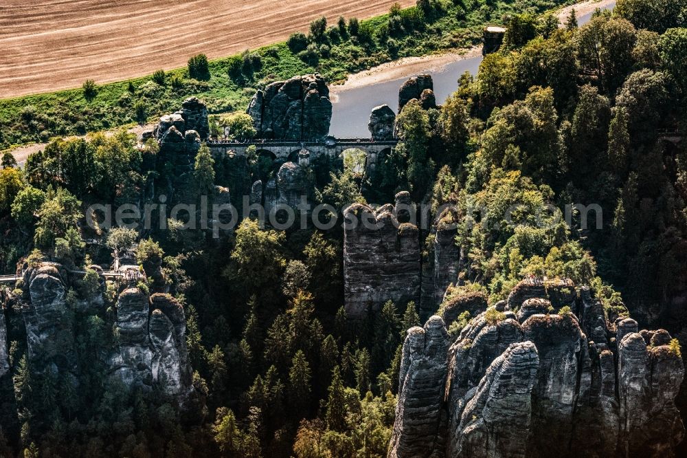 Rathen from the bird's eye view: Bridge construction of the Bastei Bridge in Rathen in the state Saxony