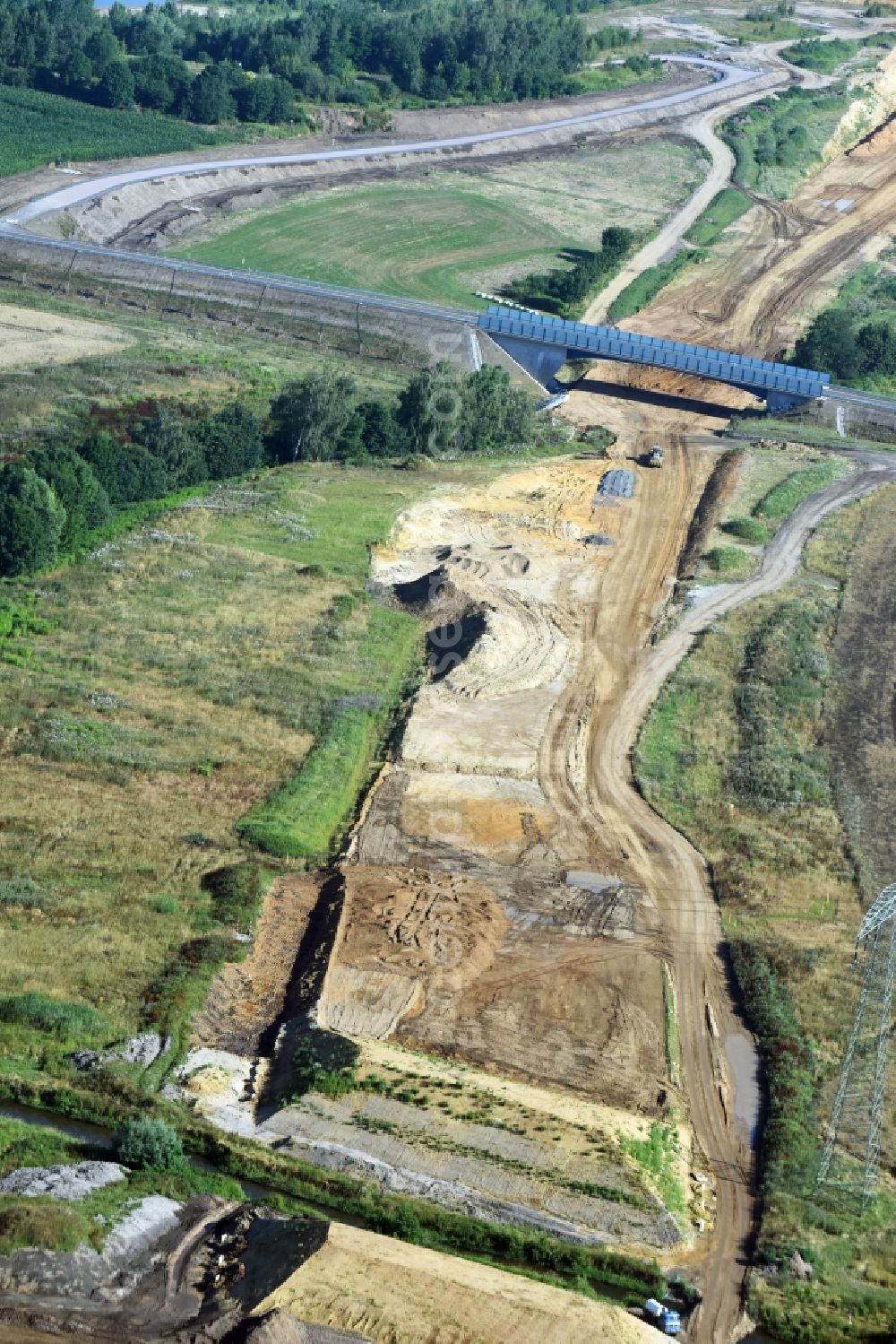 Borna from above - Bridge over the creek Eula along the route and of the route of the highway route B95 to A72 motorway in Borna in the state Saxony