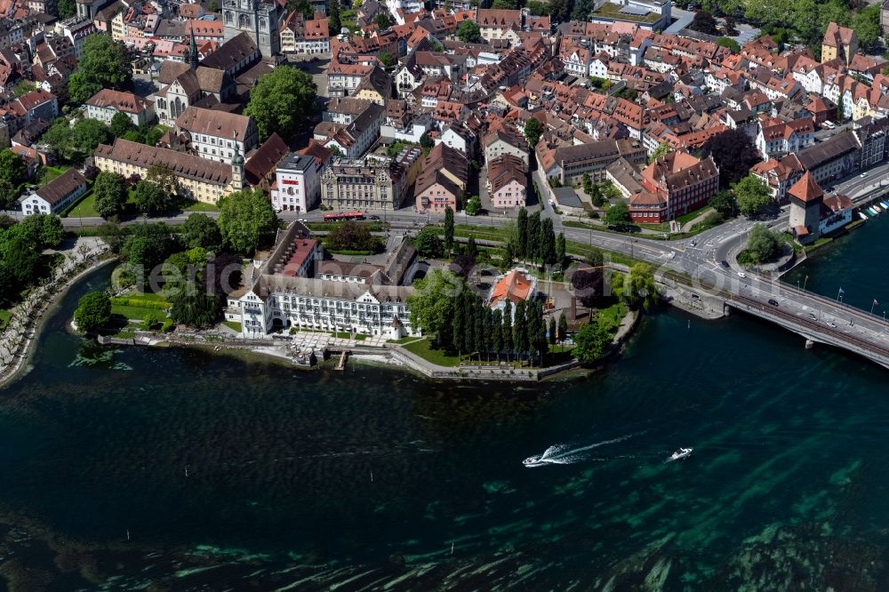 Konstanz from above - Road bridge construction along Fluss Rhein in Konstanz at island Mainau in the state Baden-Wuerttemberg, Germany