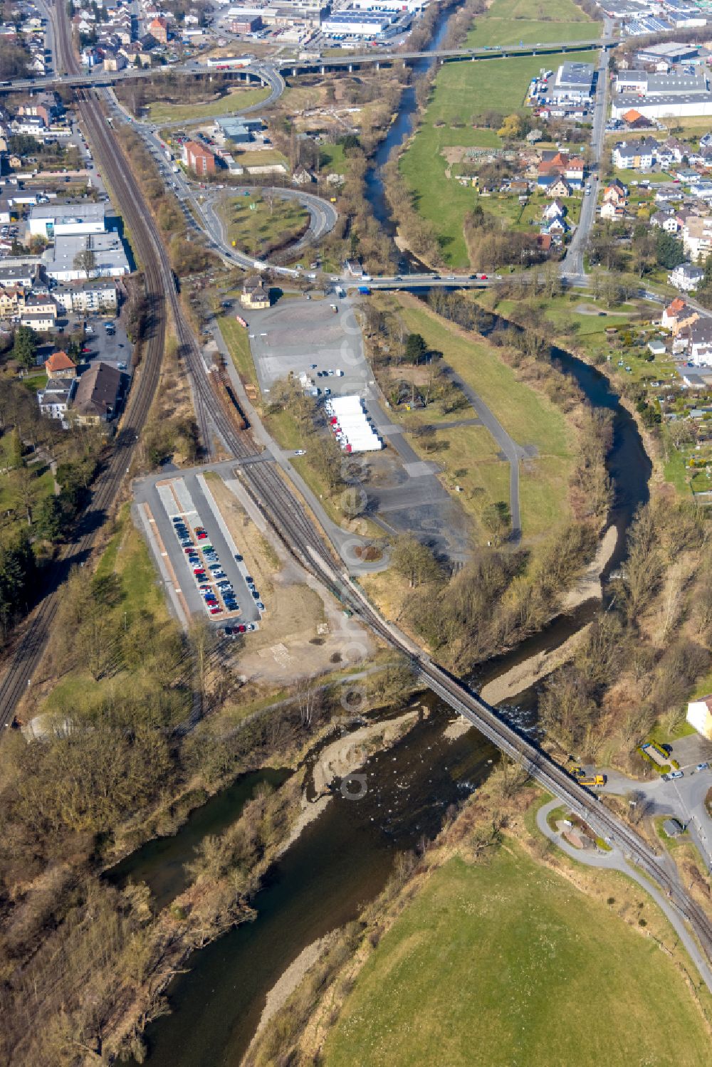 Arnsberg from above - Bridge structure for crossing and bridging the track of the railway over the course of the Ruhr on street Arnsberger Strasse in Arnsberg at Sauerland in the state North Rhine-Westphalia, Germany