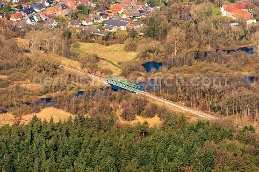 Bremervörde from above - Bridge structure for crossing and bridging the track of the railway about the Oste in Bremervoerde in the state Lower Saxony, Germany