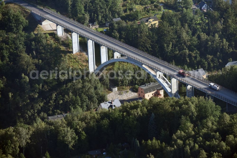 Aue from above - Bridge across Muldental valley in Aue in the state of Saxony. Chemnitzer Strasse crosses the valley and Alberodaer Strasse here