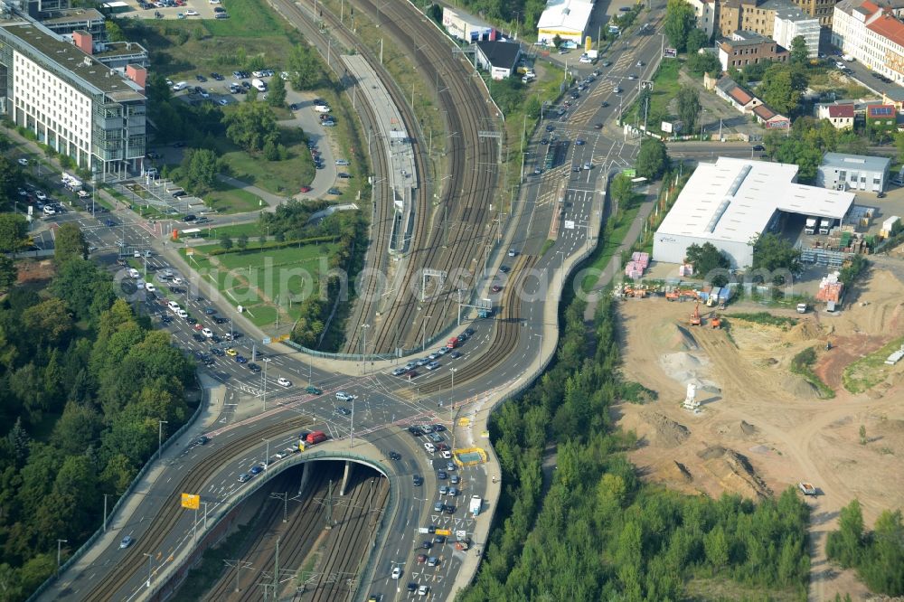 Leipzig from the bird's eye view: Road bridge construction Berliner Bruecke in Leipzig in the state of Saxony. The junction connects Mockauer and Berliner Street and crosses S-Bahn and railway tracks