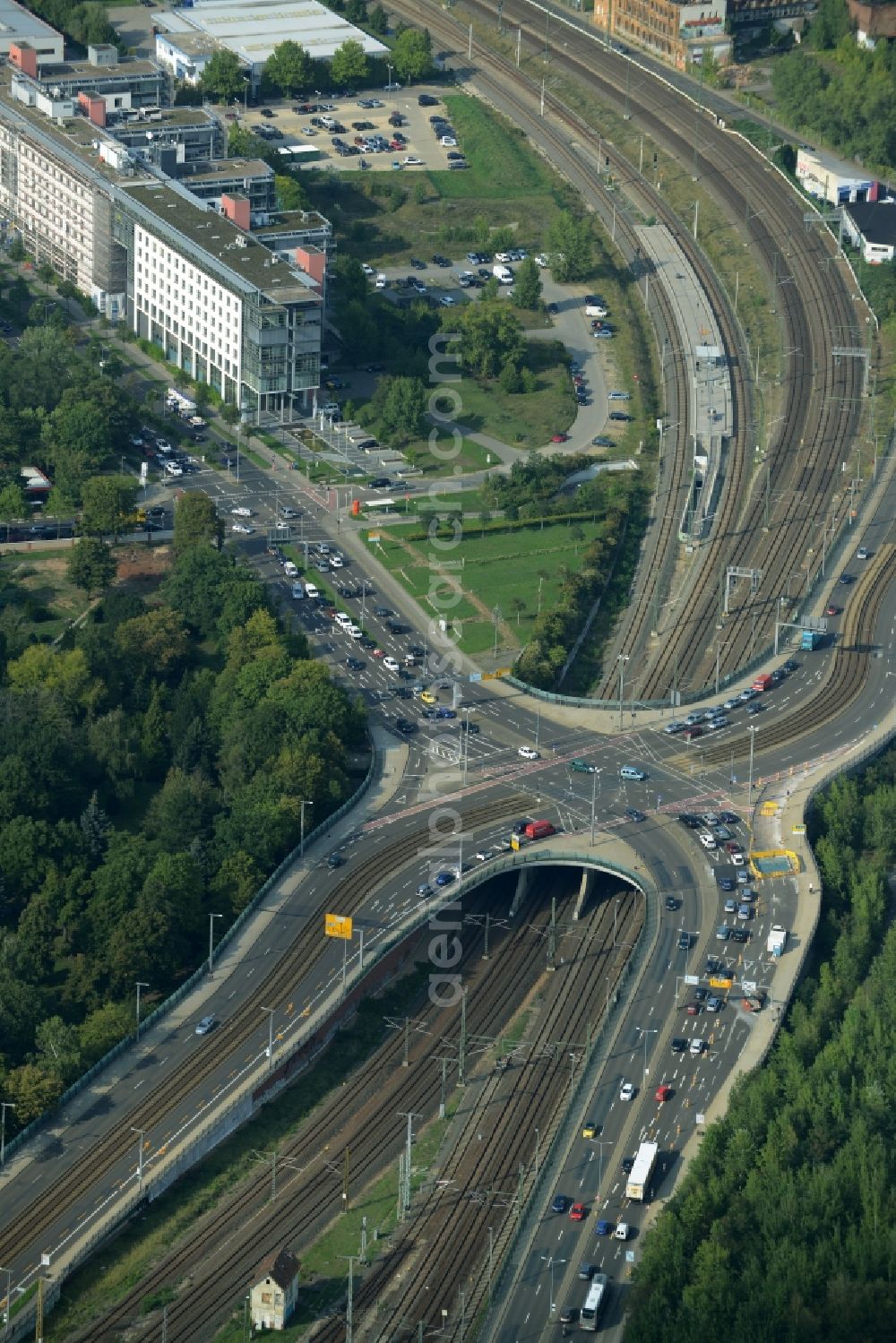 Aerial image Leipzig - Road bridge construction Berliner Bruecke in Leipzig in the state of Saxony. The junction connects Mockauer and Berliner Street and crosses S-Bahn and railway tracks