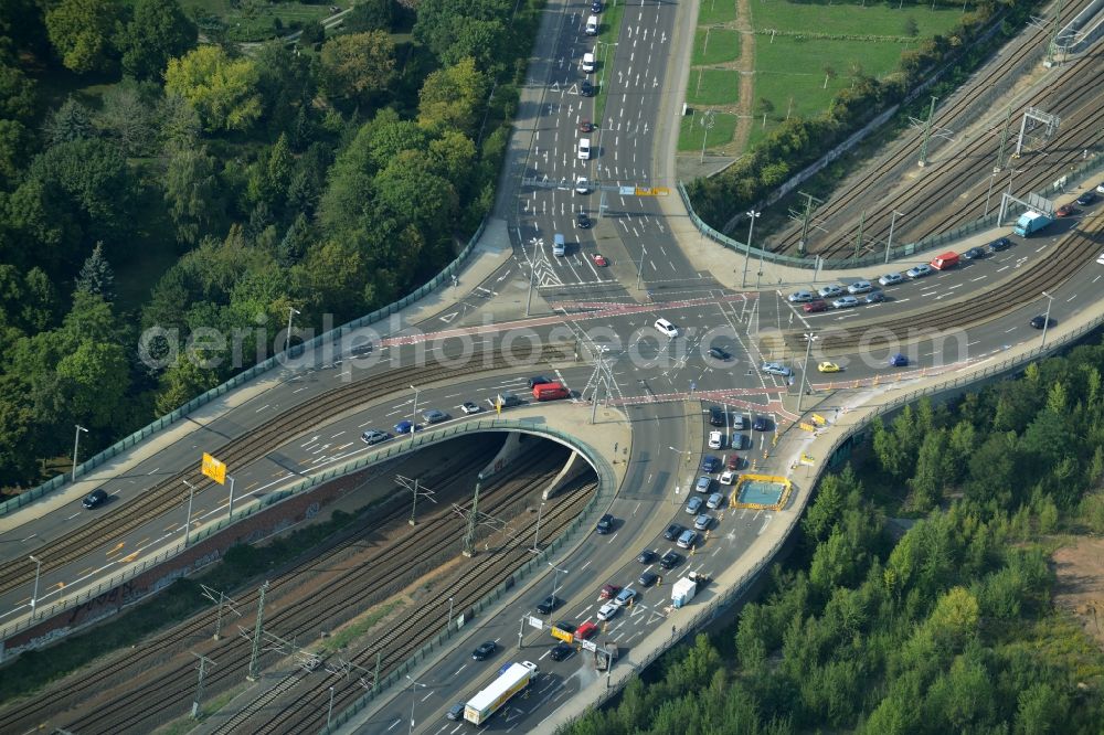 Aerial photograph Leipzig - Road bridge construction Berliner Bruecke in Leipzig in the state of Saxony. The junction connects Mockauer and Berliner Street and crosses S-Bahn and railway tracks