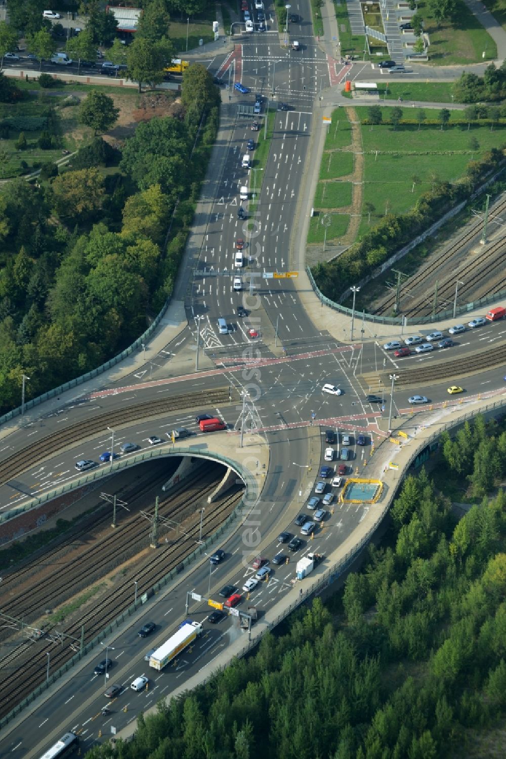 Leipzig from above - Road bridge construction Berliner Bruecke in Leipzig in the state of Saxony. The junction connects Mockauer and Berliner Street and crosses S-Bahn and railway tracks