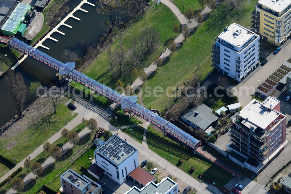 Magdeburg from the bird's eye view: Road bridge construction along the Bruecke zum Mueckenwirt in Magdeburg in the state Saxony-Anhalt, Germany