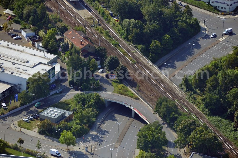 Aerial photograph Berlin - Bridge structure at the federal road B101 / Marie Allee - Großbeerenstraße along the railway line to the station Marienfelde in Berlin