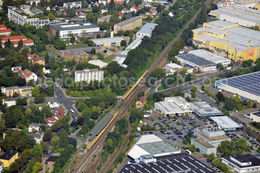 Berlin from above - Bridge structure at the federal road B101 / Marie Allee - Großbeerenstraße along the railway line to the station Marienfelde in Berlin