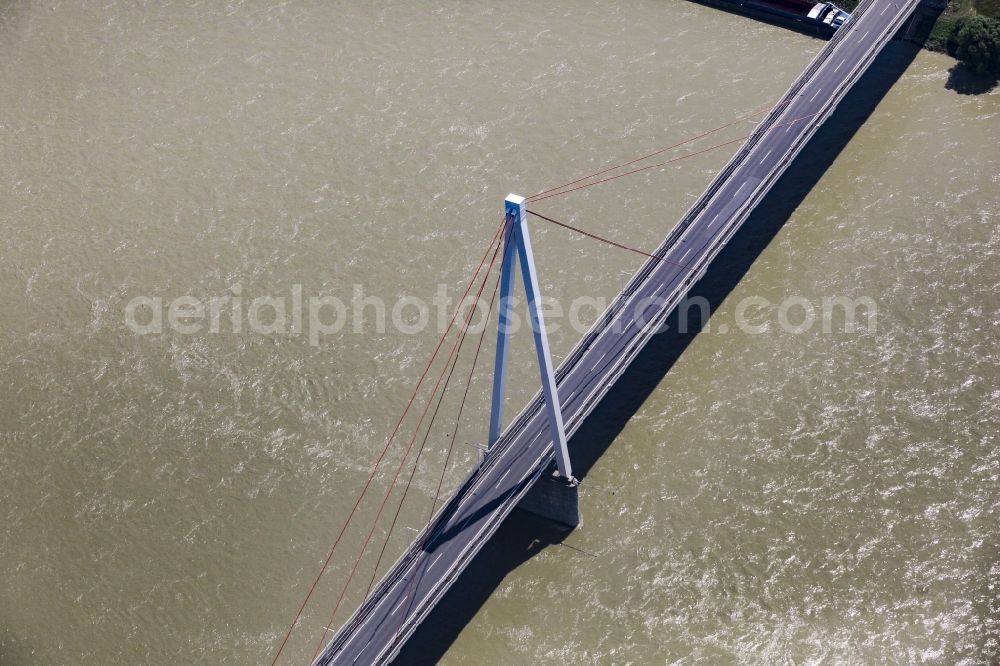 Hainburg an der Donau from the bird's eye view: Bridge Donaubruecke across the river Danube in the South of Hainburg an der Donau in Lower Austria, Austria. The cable-stayed bridge includes a tower