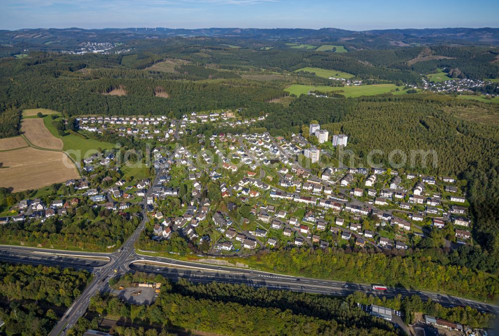 Kreuztal from above - Road bridge construction along the Bottenbacher Strasse - Siegener Strasse - B54 in the district Buschhuetten in Kreuztal on Siegerland in the state North Rhine-Westphalia, Germany