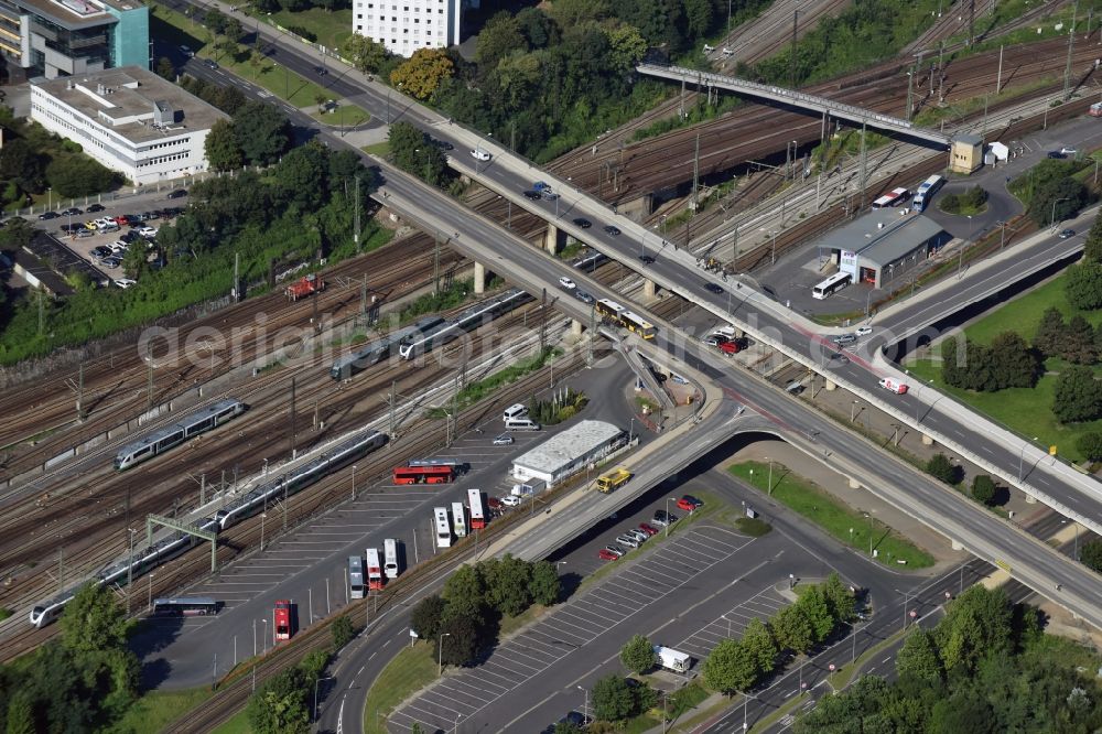 Aerial image Dresden - Road bridge construction along the Budapester Strasse over a railroad in Dresden in the state Saxony