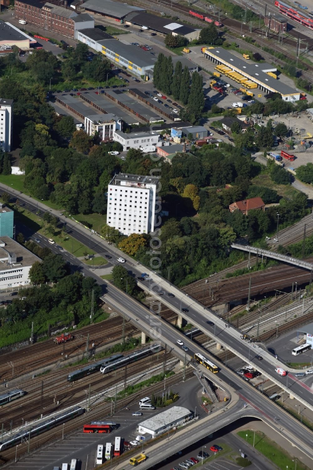 Dresden from above - Road bridge construction along the Budapester Strasse over a railroad in Dresden in the state Saxony