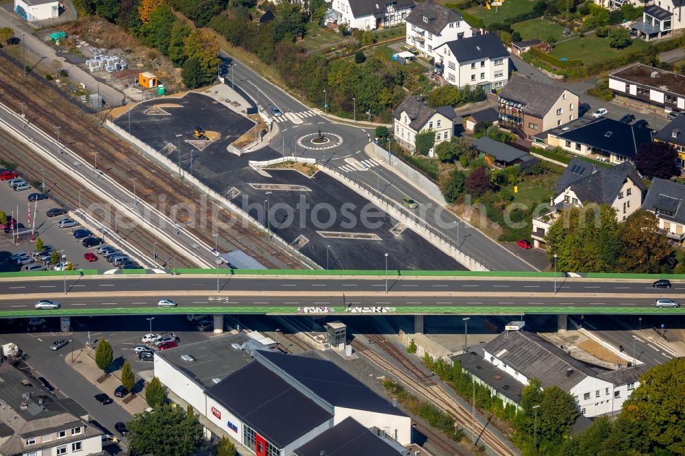 Meschede from above - Road bridge construction along the Antoniusbruecke in Meschede in the state North Rhine-Westphalia, Germany