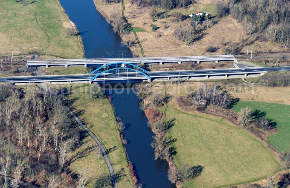 Eilenburg from the bird's eye view: Road bridge construction along of Bundesstrasse 87 about the Mulde in Eilenburg in the state Saxony, Germany