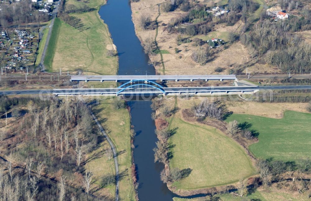 Aerial image Eilenburg - Road bridge construction along of Bundesstrasse 87 about the Mulde in Eilenburg in the state Saxony, Germany