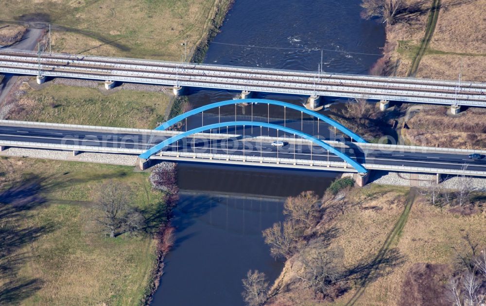 Aerial photograph Eilenburg - Road bridge construction along of Bundesstrasse 87 about the Mulde in Eilenburg in the state Saxony, Germany