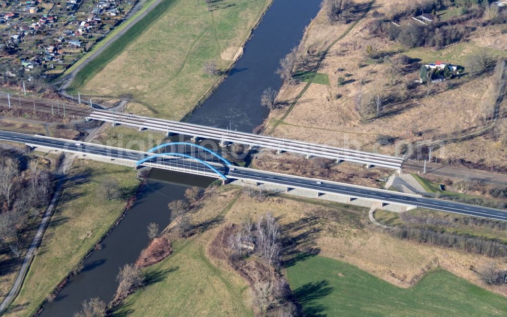 Eilenburg from above - Road bridge construction along of Bundesstrasse 87 about the Mulde in Eilenburg in the state Saxony, Germany