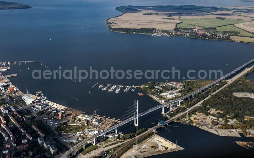 Aerial image Stralsund - Streets bridge building work along the federal highway about the Strelasund in Stralsund in the federal state Mecklenburg-West Pomerania