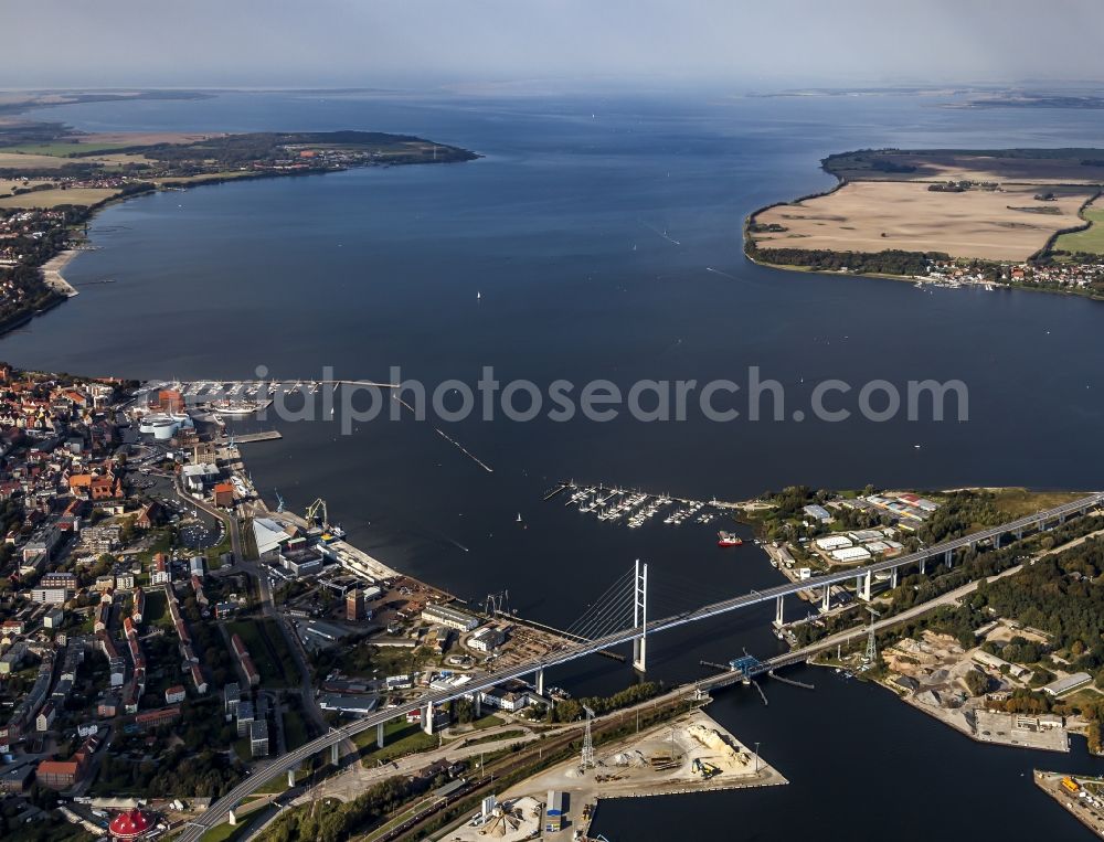 Aerial photograph Stralsund - Streets bridge building work along the federal highway about the Strelasund in Stralsund in the federal state Mecklenburg-West Pomerania