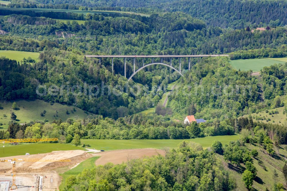 Rottweil from above - Road bridge construction along der Bundesstrasseasse 27, Talbrueck of Nordumgehung on street B27 in Rottweil in the state Baden-Wuerttemberg, Germany