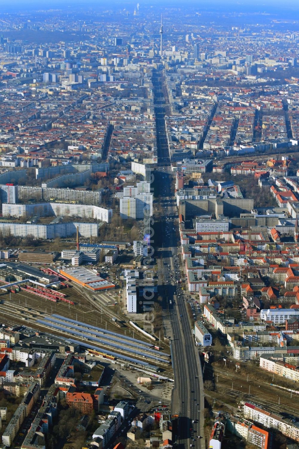 Aerial photograph Berlin - Road bridge construction on train station along the Frankfurter Allee in the district Lichtenberg in Berlin, Germany