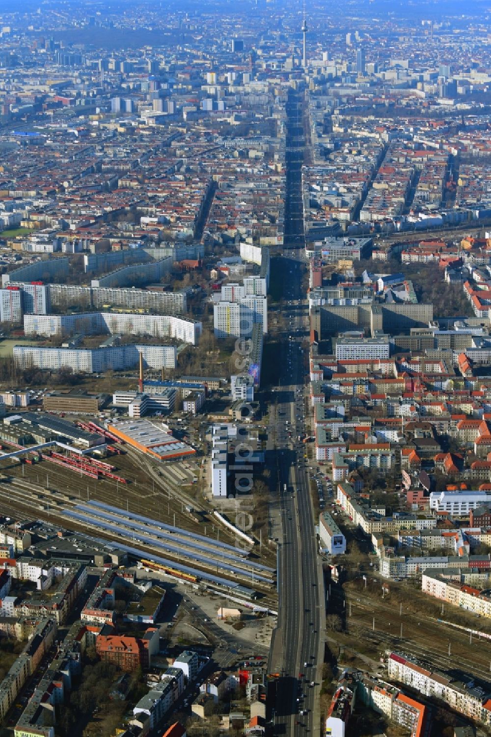 Berlin from above - Road bridge construction on train station along the Frankfurter Allee in the district Lichtenberg in Berlin, Germany