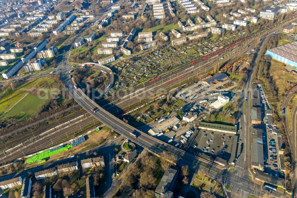 Duisburg from above - Road bridge construction along the Friedrich-Ebert-Strasse across the rail course of the local railway line in the district Friemersheim in Duisburg in the state North Rhine-Westphalia, Germany