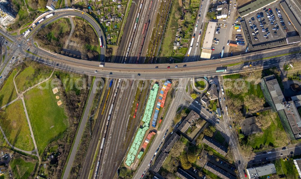 Duisburg from above - Road bridge construction along the Friedrich-Ebert-Strasse across the rail course of the local railway line in the district Friemersheim in Duisburg in the state North Rhine-Westphalia, Germany