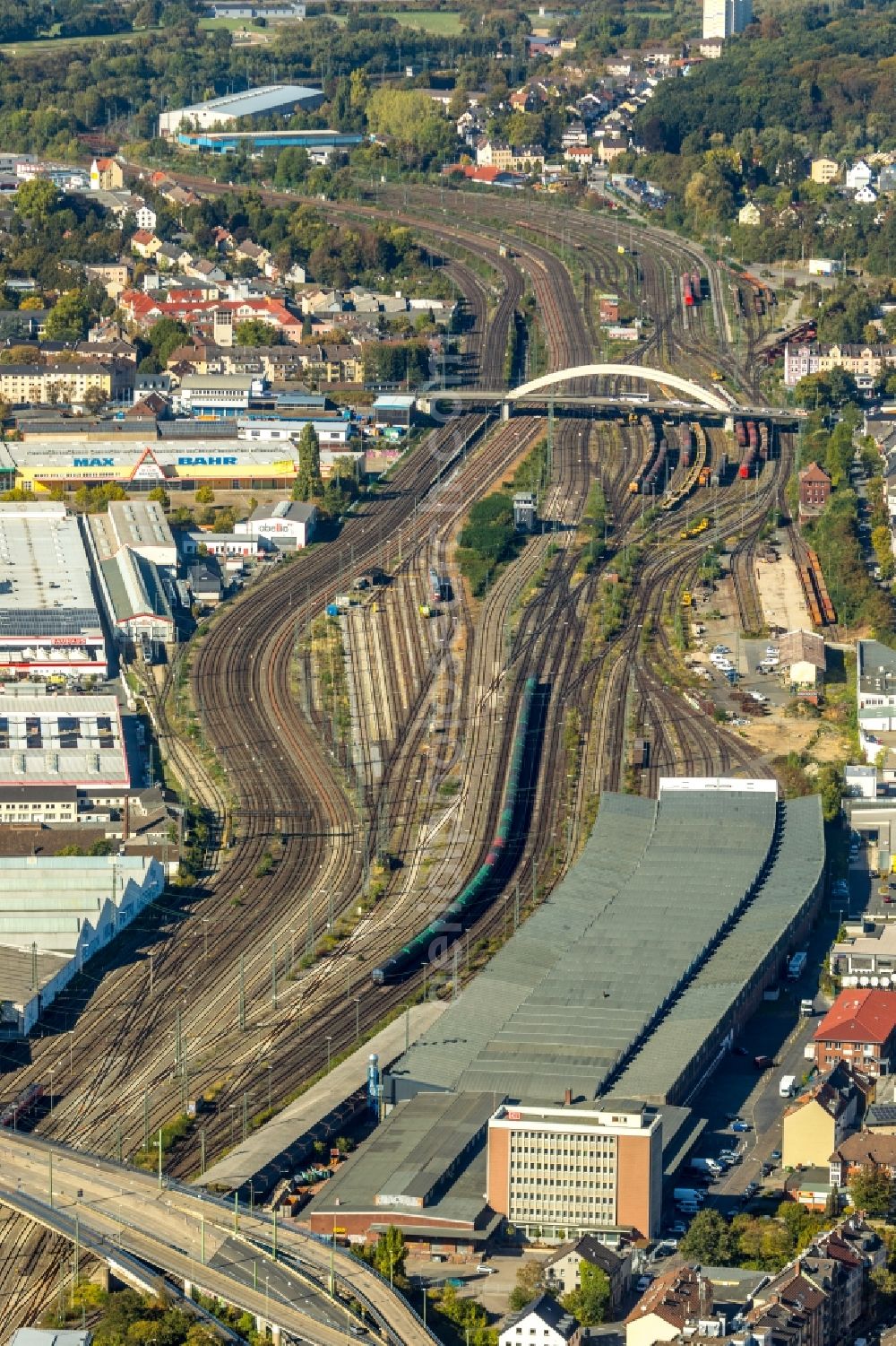 Hagen from above - Road bridge construction along the Fuhrparkstrasse over the railway tracks in Hagen in the state of North Rhine-Westphalia, Germany