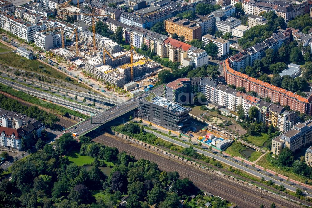 Düsseldorf from the bird's eye view: Road bridge construction along the Gruner street in Duesseldorf in the state North Rhine-Westphalia