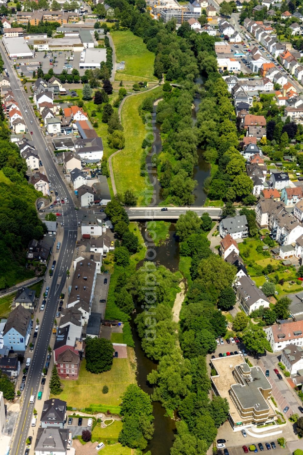 Arnsberg from above - Bridge construction along the Henzestrasse over the Ruhr in Arnsberg in the federal state of North Rhine-Westphalia, Germany