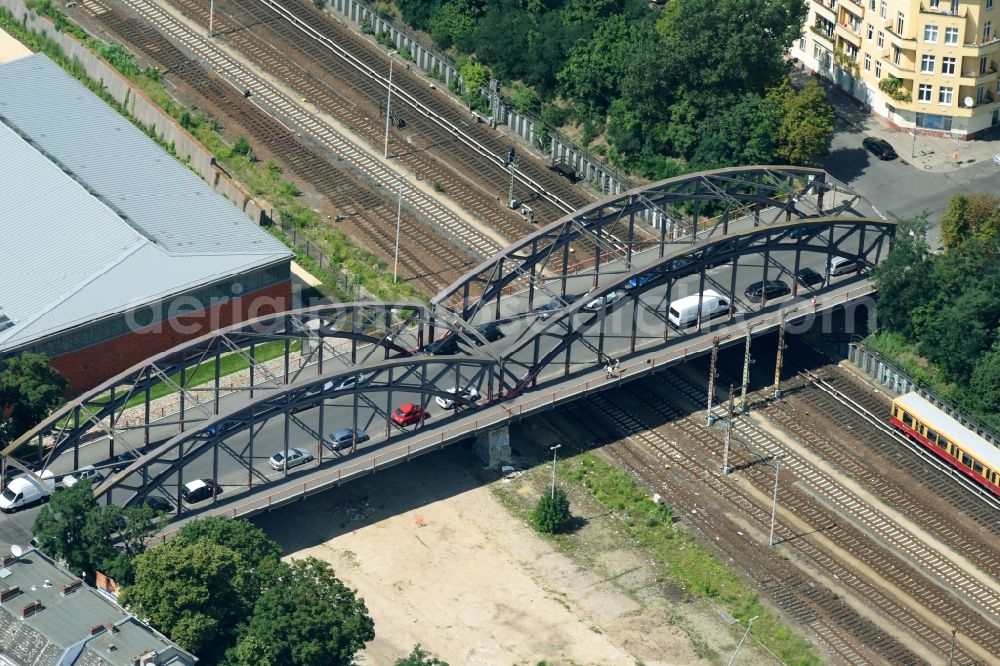 Berlin from above - Road bridge construction along the Hertabruecke in the district Neukoelln in Berlin, Germany