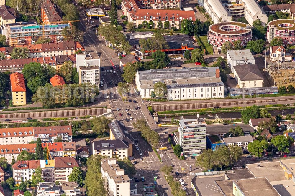 Aerial photograph Freiburg im Breisgau - Road bridge construction along the Ochsenbruecke in Freiburg im Breisgau in the state Baden-Wurttemberg, Germany