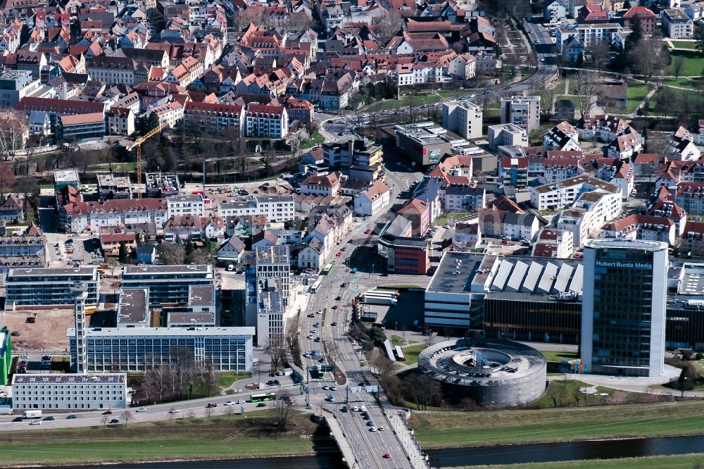 Offenburg from the bird's eye view: Road bridge construction along the Offenburg bei Burda in Offenburg in the state Baden-Wuerttemberg, Germany