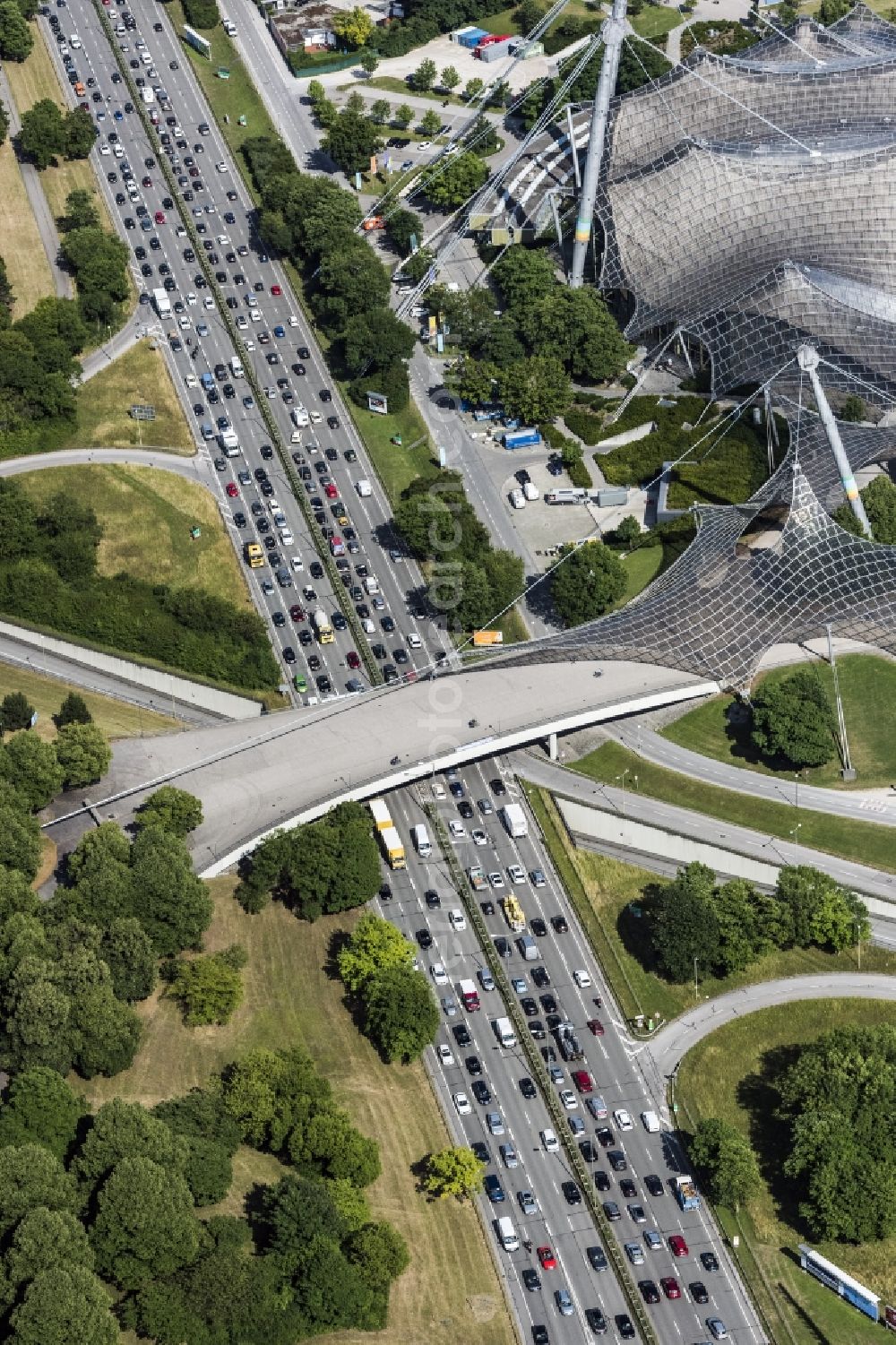 München from the bird's eye view: Road bridge construction along the 2R on Olympiapark in Munich in the state Bavaria, Germany