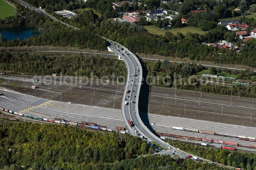 Aerial image München - Road bridge construction along of Rangierbahnhof Muenchen Nord in Munich in the state Bavaria, Germany