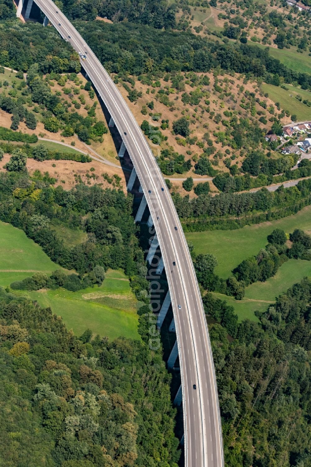 Schlaitdorf from the bird's eye view: Road bridge construction along the B 27 in Schlaitdorf in the state Baden-Wurttemberg, Germany