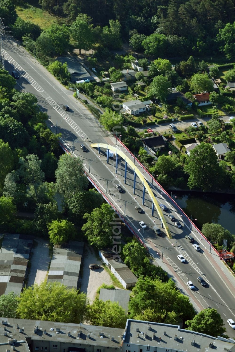 Aerial photograph Berlin - Road bridge construction along the Suedostallee in the district Treptow-Koepenick in Berlin, Germany