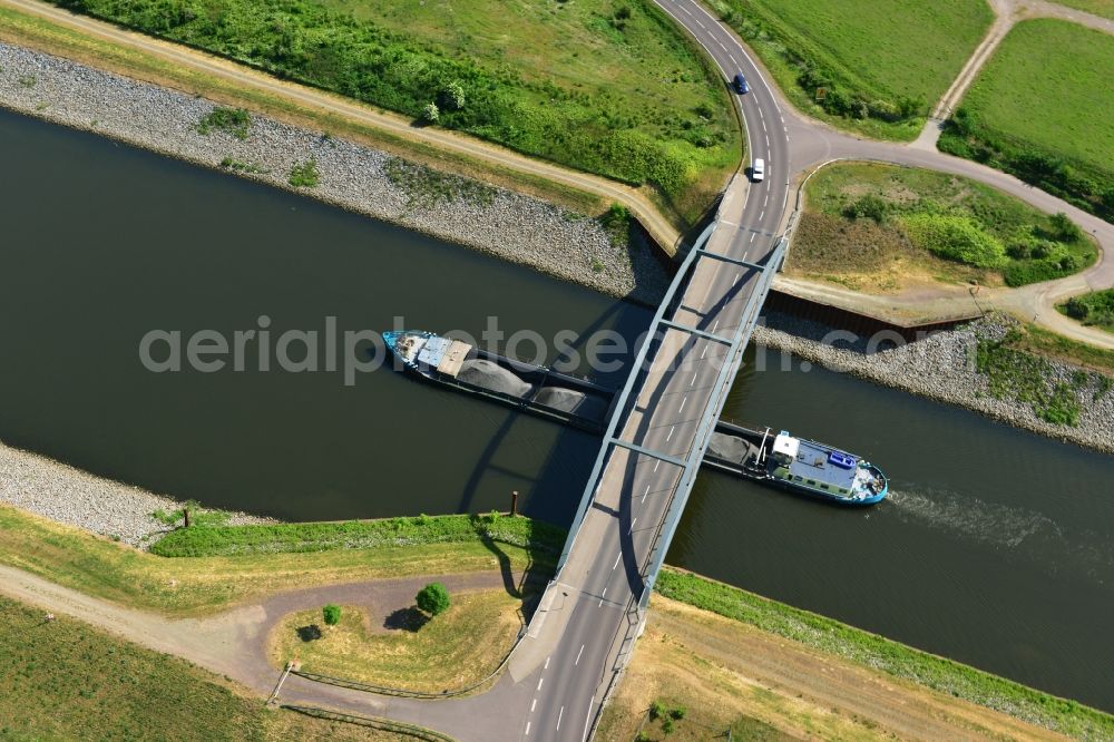 Magdeburg from above - Road bridge construction along the Ufer the descent channel Rothensee on Glindenberger way in Magdeburg in the state Saxony-Anhalt